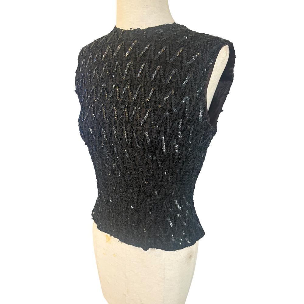 Vintage 50's 60's Black‎ Sequin Sleeveless Top Talon Rockabilly Glam Pin-up